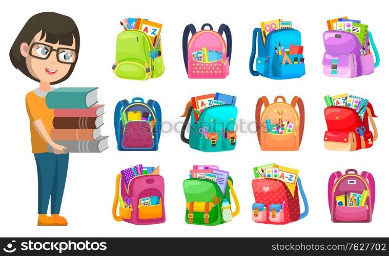 Girl holding book, backpack set, school club. Pupil with literature, pen and notebook, tassel and paints in bag, educational symbol, accessory vector. Back to school concept. Flat cartoon. Pupil with Literature and Backpack, School Vector
