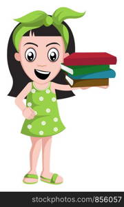 Girl holding books, illustration, vector on white background.