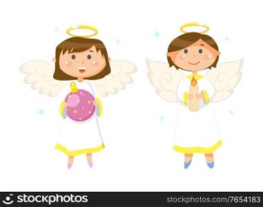 Girl holding glossy ball with stars, boy with candle, flying angels with wings and nimbus, smiling couple of little people in white clothes vector. Flying Angles Holding Ball and Candle, Kids Vector