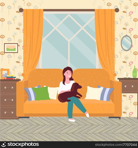 Girl holding her beloved dog, sitting on sofa with pillows room interior flat vector illustration. A small dachshund dog sits on his mistress s lap in living room. Pets in the apartment, animal care. Girl holding her beloved dog, sitting on sofa with pillows room interior vector illustration
