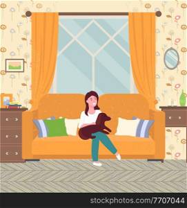 Girl holding her beloved dog, sitting on sofa with pillows room interior flat vector illustration. A small dachshund dog sits on his mistress s lap in living room. Pets in the apartment, animal care. Girl holding her beloved dog, sitting on sofa with pillows room interior vector illustration