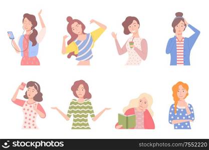 Girl holding plastic coffee cup female emotions set vector. Woman listening to music on phone smartphone with headphones, reading book hobby of lady, hand drawn style. Girl Holding Plastic Coffee Cup Female Emotions