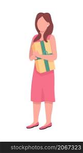 Girl holding present box semi flat color vector character. Standing figure. Full body person on white. Celebrate isolated modern cartoon style illustration for graphic design and animation. Girl holding present box semi flat color vector character