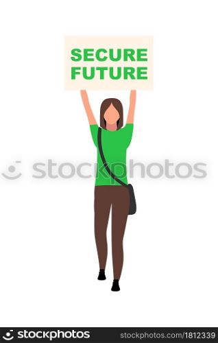 Girl holding secure future poster semi flat color vector character. Full body person on white. Promote sustainable lifestyle isolated modern cartoon style illustration for graphic design and animation. Girl holding secure future poster semi flat color vector character
