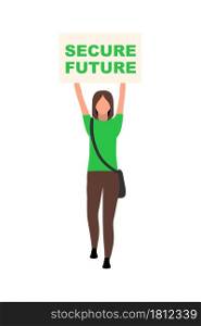 Girl holding secure future poster semi flat color vector character. Full body person on white. Promote sustainable lifestyle isolated modern cartoon style illustration for graphic design and animation. Girl holding secure future poster semi flat color vector character