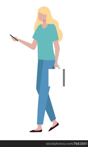Girl holding smartphone and package, city street walker or passer-by vector. Woman walking with gadget and shopping bag, isolated female character. City Street Walker, Girl with Smartphone and Pack