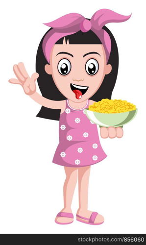 Girl holding snacks, illustration, vector on white background.