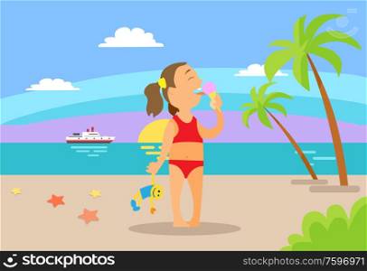 Girl holding toy and eating ice-cream on beach, child in red swimsuit standing on sand, sunset and ocean view with ship, palm trees and cloudy sky vector. Kid Eating Ice-cream on Beach, Vacation Vector