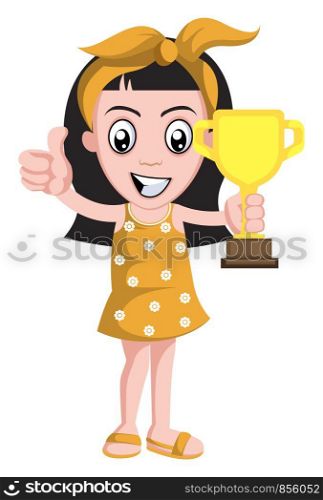 Girl holding trophy, illustration, vector on white background.