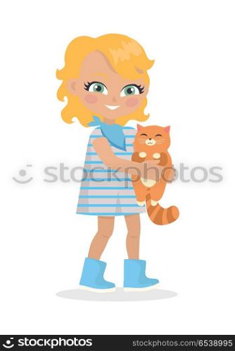 Girl Holds Small Cat in Hands Isolated on White. Girl holds small cat in her hands isolated on white. Little girl has leisure time. School girl during break. Young lady at playground, playing with toy kitten. Favourite toy. Daily activity. Vector
