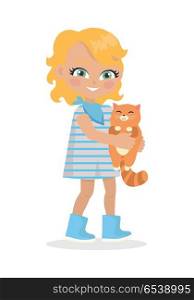 Girl Holds Small Cat in Hands Isolated on White. Girl holds small cat in her hands isolated on white. Little girl has leisure time. School girl during break. Young lady at playground, playing with toy kitten. Favourite toy. Daily activity. Vector