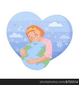 Girl hug planet. Kid hugs earth, environment care protection save world, child embrace globe, clean ecology, environmental peace, recycle nature, vector illustration of nature environment earth. Girl hug planet. Kid hugs earth, environment care eco protection save world, child friendly embrace globe, clean ecology, environmental peace, recycle nature, swanky vector