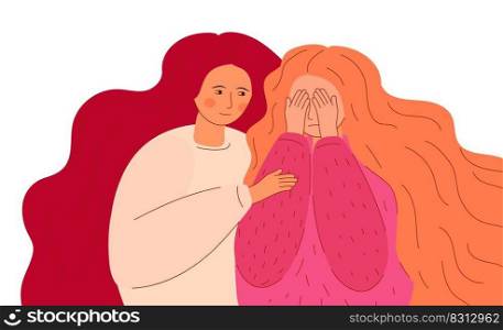 Girl hugs her sister. Psychological and parent support concept vector. Empathy, patient at psychologist appointment. Mental health support. Helping hand for depressed, unhappy girl.. Girl hugs her sister. Psychological and parent support concept vector. Empathy, patient at psychologist appointment.