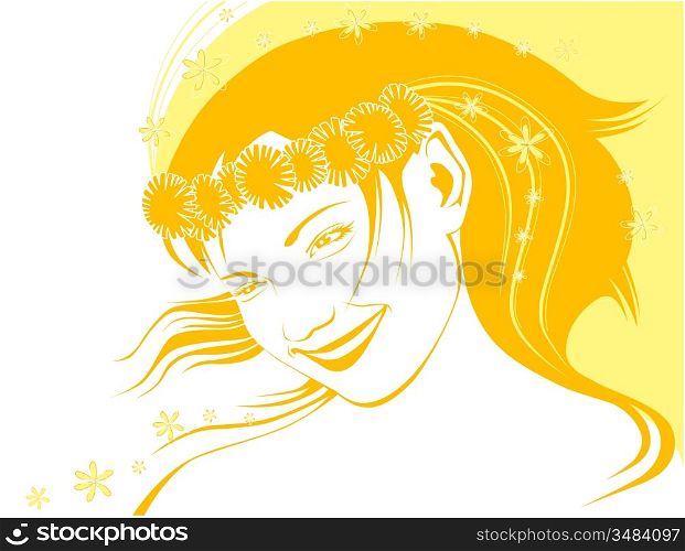 girl in a chaplet from dandelions in summer in yellow tones