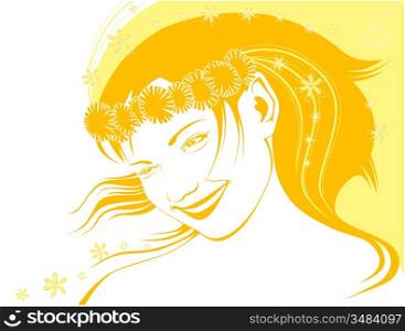 girl in a chaplet from dandelions in summer in yellow tones