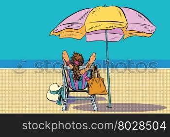 Girl in a deckchair on the beach pop art retro vector. The rest of the sea. Travel and tourism. Girl in a deckchair on the beach