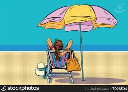 Girl in a deckchair on the beach pop art retro vector. The rest of the sea. Travel and tourism. Girl in a deckchair on the beach