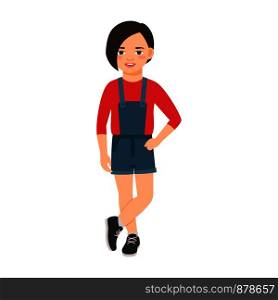 Girl in a denim overalls isolated vector illustration on white background. Girl in a denim overalls