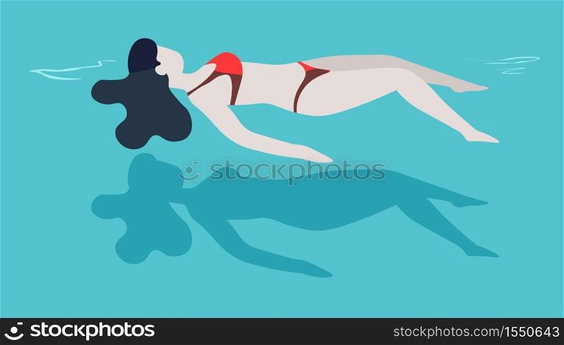 Girl in bikini woman in swimsuit swimming in pool on back vector female character relaxing in water summer sport and outdoor activity resort lying on liquid surface recreation and weekend or vacation. Woman in swimsuit swimming in pool on back girl in bikini