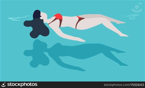 Girl in bikini woman in swimsuit swimming in pool on back vector female character relaxing in water summer sport and outdoor activity resort lying on liquid surface recreation and weekend or vacation. Woman in swimsuit swimming in pool on back girl in bikini