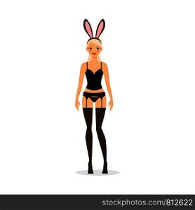 Girl in black sexy underwear and funny rabbit ears. Vector illustration. Girl in black sexy underwear