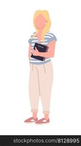 Girl in casual outfit with homework semi flat color vector character. Standing figure. Full body person on white. Student simple cartoon style illustration for web graphic design and animation. Girl in casual outfit with homework semi flat color vector character