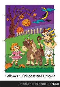 Girl in costume of princess with a unicorn and an Egyptian. Halloween concept. Cartoon vector illustration. Stock illustration for design, preschool education, decor, print and game.. Halloween illustration princess with a unicorn and an Egyptian