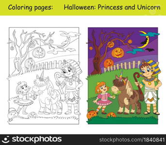 Girl in costume of princess with unicorn and Egyptian. Halloween concept. Coloring book page for children with colorful template. Vector cartoon illustration. For print, decor, education and game.. Coloring and colorful Halloween girl in aborigine costume