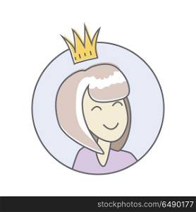 Girl in Crown Avatar Userpic Isolated on White. Girl in crown avatar userpic isolated on white background. Office star. Best worker of the week month year. Leader in the office work. Person with the crown. Queen of the office. Vector illustration