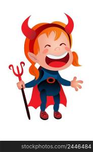 Girl in devil costume laughing line icon. Kid, demon, satan. Halloween concept. Vector illustration can be used for topics like holiday, masquerade, party, fantasy. Girl in devil costume laughing vector illustration