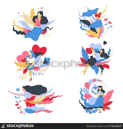 Girl in dreamy or romantic mood woman isolated abstract icons vector female character and plants sitting and flying in love among hearts long hair and skirt leaves and flowers spring or summer.. Woman isolated abstract icons girl in dreamy or romantic mood