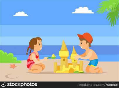 Girl in dress and boy in shorts making sand castle, summertime activity. Green plant and starfish, cloudy weather, friends playing on beach vector. Summertime Activity on Beach, Making Castle Vector