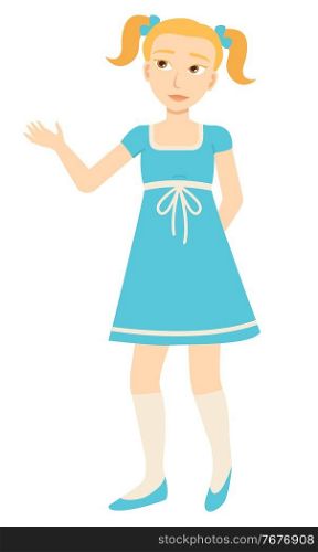 Girl in dress, isolated female character, kid with ponytails vector. Child in gaiters and ballet shoes, schoolgirl with bows in hair, clothes and outfit. Child or Girl in Dress, Isolated Character, Kid