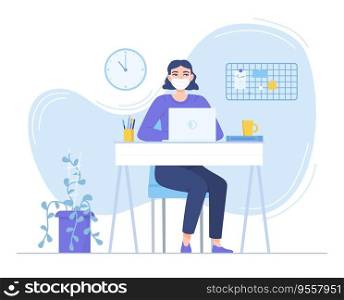 Girl in face mask sitting at the desk with laptop. Lockdown, remote work, freelancer workspace, quarantine online education concept.Stock vector illustration in flat cartoon style isolated on white.. Girl in face mask sitting at the desk with laptop. Lockdown, remote work, freelancer workspace, quarantine online education concept