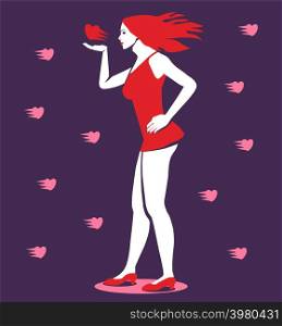 Girl in flat style sends a kiss. The girl in a red dress and red hair stands in the wind sends heart.