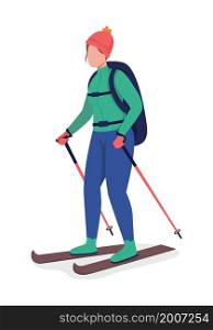 Girl in green coat skiing semi flat color vector character. Posing figure. Full body person on white. Outdoor recreation isolated modern cartoon style illustration for graphic design and animation. Girl in green coat skiing semi flat color vector character