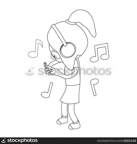 Girl in headphones listening to music. Cartoon girl looking in a smartphone favorite song.