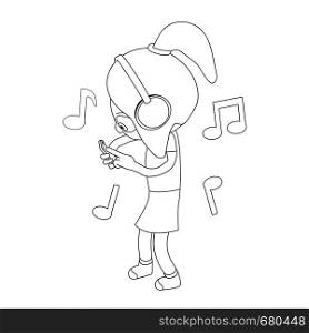 Girl in headphones listening to music. Cartoon girl looking in a smartphone favorite song.