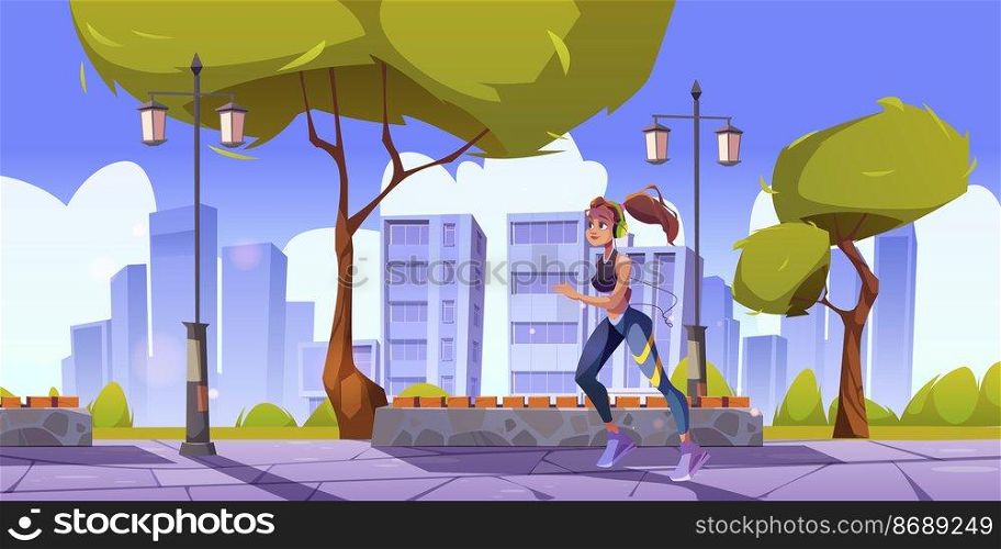 Girl in headphones runs in town park at morning. Vector cartoon summer landscape of public park with bench, trees, lanterns and woman runner. Concept of fitness outdoor and jogging. Girl in headphones runs in town park at morning