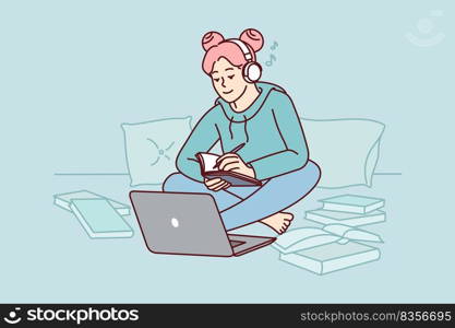 Girl in headphones study on laptop at home take notes in notebook. Happy female student in earphones write notepad have online class on computer. Vector illustration.. Girl in headphones study on laptop at home