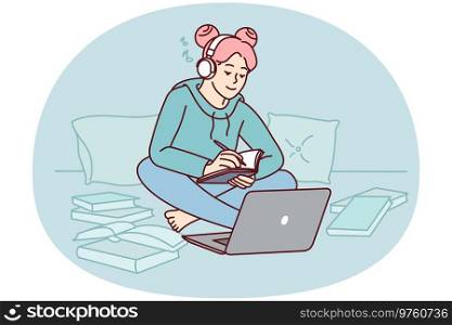 Girl in headphones study on laptop at home take notes in notebook. Happy female student in earphones write notepad have online class on computer. Vector illustration.. Girl in headphones study on laptop at home