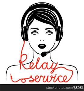 Girl in headphones with microphone and with red cable as a inscription, relay service concept vector outline