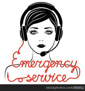 Girl in headphones with microphone and with red cable as a inscription, Emergency service concept vector outline