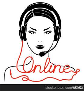 Girl in headphones with microphone and with red cable as a inscription, online service concept vector outline