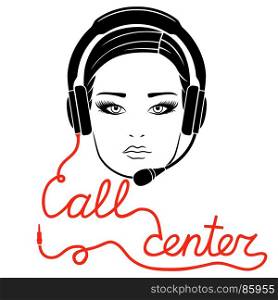Girl in headphones with microphone and with red cable as a inscription, call center concept vector outline