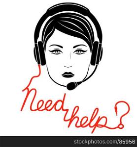 Girl in headphones with microphone and with red cable as a inscription, online help center concept vector illustration