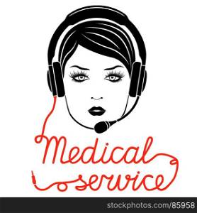 Girl in headphones with microphone and with red cable as a inscription, Medical online service concept, vector illustration