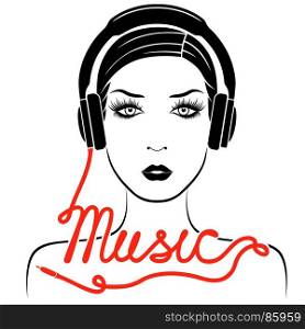 Girl in headphones with microphone and with red cable as a inscription, online music service concept vector outline