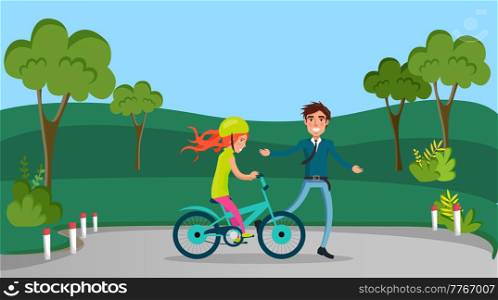 Girl in helmet riding in park. Female character doing sports outdoors. Woman cycling through trees. Guy teaches his friend to ride bike. Man supports sportswoman on bicycle. People rest in nature. Guy teaches his friend, girl in helmet to ride bike. Man supporting sportswoman on bicycle