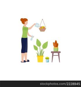Girl in home clothes watering flowers. A housewife takes care of plants in a flower pot. Vector female character in flat style. The concept of self-isolation during the coronavirus pandemic.